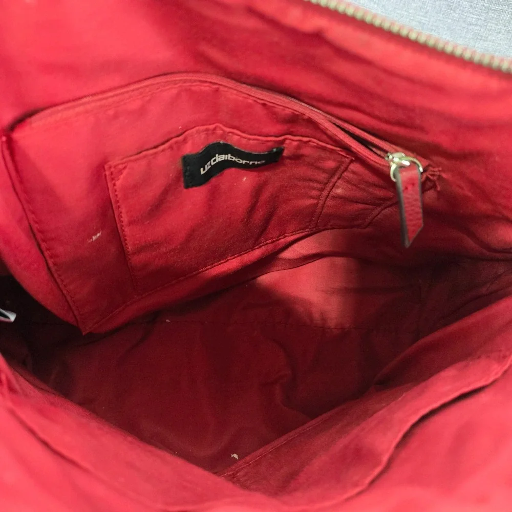 Liz Claiborne Red Satchel Handbag Geometric Embossed Faux Leather Top Handle Bag